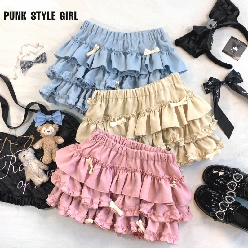 Sweet Bow Y2k Ruffles Fluffy Lolita Short Skirts Women Harajuku Mini Pant Skirt Girls Cute Japanese A-line Pleated Mini Skirts