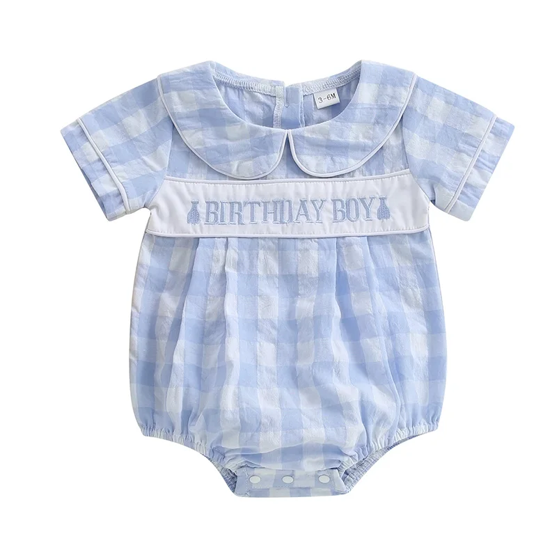 FOCUSNORM 0-18M Sommer Infant Baby Jungen Mädchen Strampler Kurzarm Puppe Kragen Plaid Print Brief Stickerei Geburtstag overalls – Detail 3