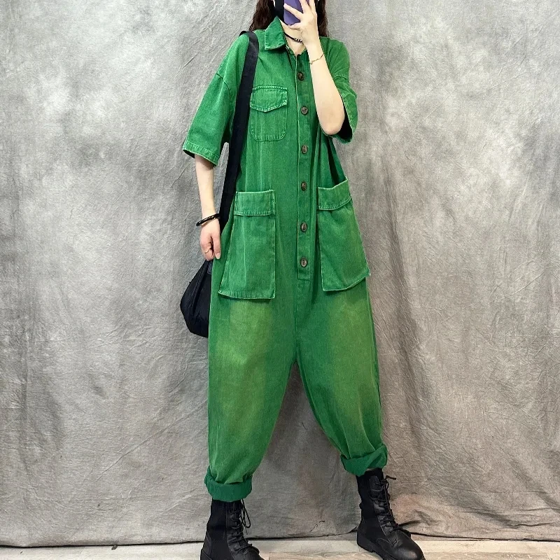 

Spring Large Size Denim Jumpsuit Women Short Sleeve Overalls Korean Style New Summer Loose Vintage Jeans Romper LOOSE Streetwear