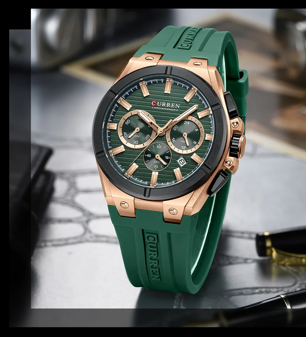 CURREN Moder Design 43mm Watch for Men with 3 Sub-Dials Quartz Movement Casaul Silicone Strap Wristwatch Luminous Hands and Date