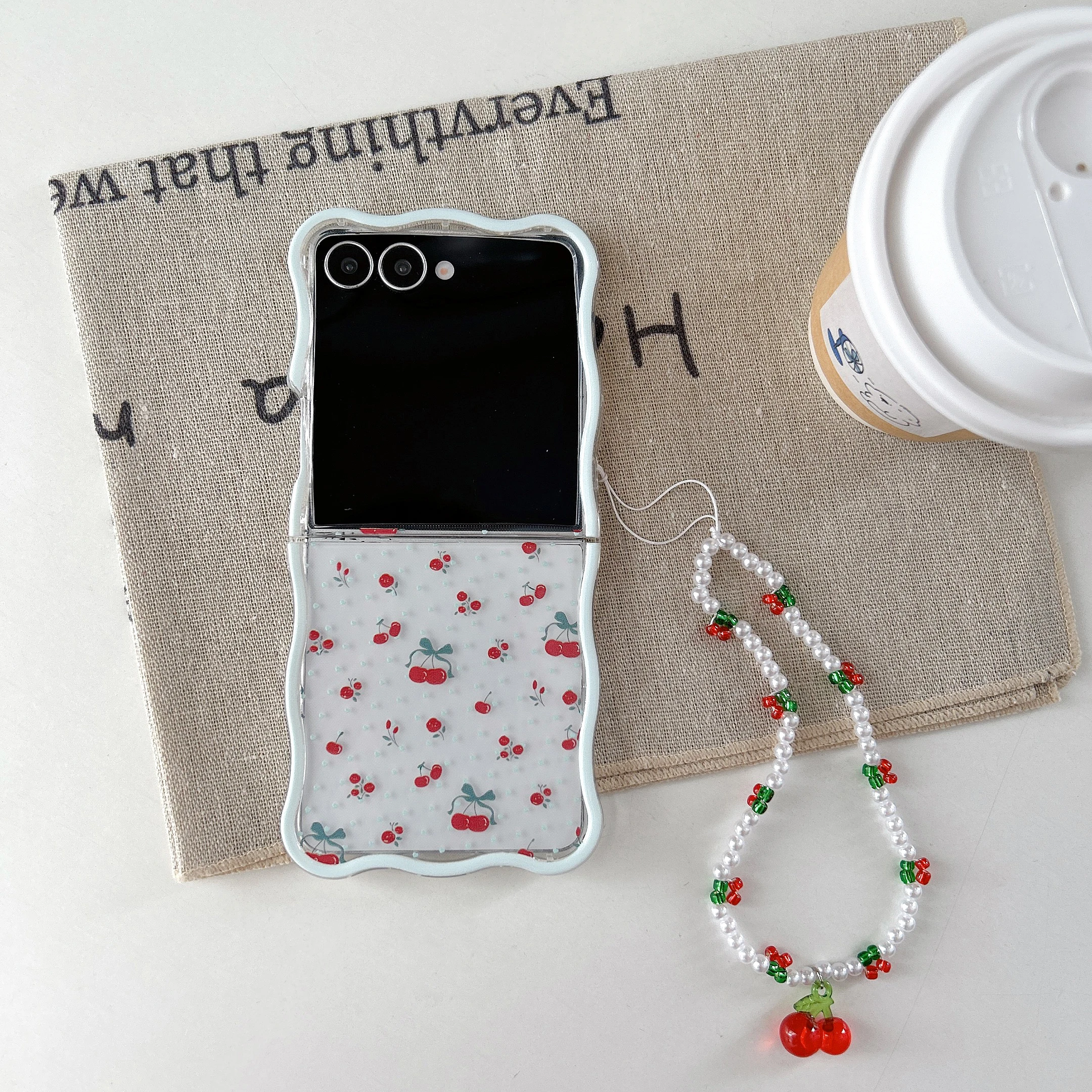 Korean Cherry Fruit Phone Case with Lanyard and Wave Design