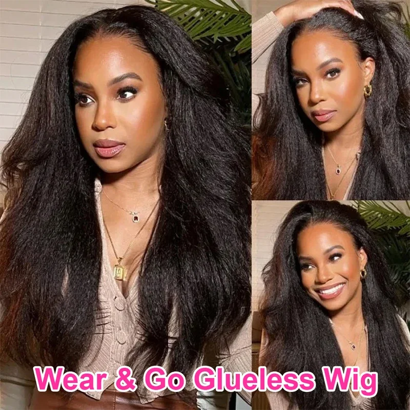 Kinky Straight Human Hair Half Wig 250 Density Natural Black Brazilian Hair Wigs wear and go Drawstring wig Flip over half wig