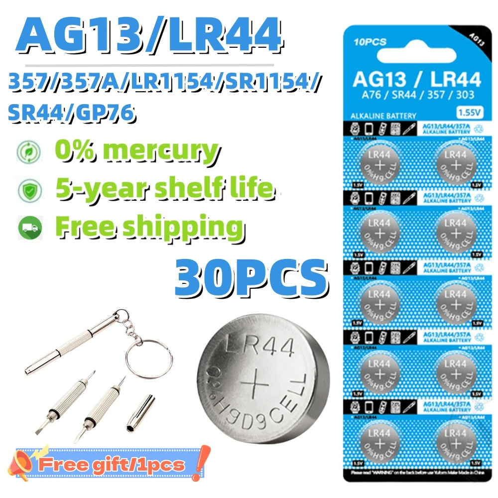 

30PCS 1.55V LR44 AG13 LR1154 Button Battery 357 SR44 RW82 SR1154 Zinc Manganese Button cell Watch Toys and Electronic Products