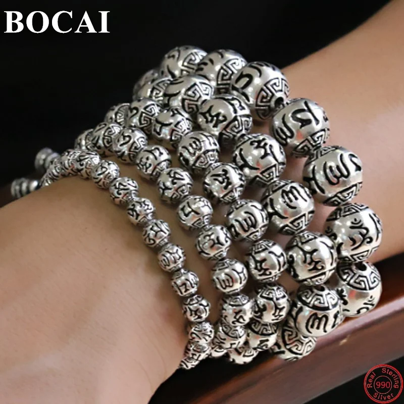

BOCAI S990 Sterling Silver Beads Bracelets Six Syllable Mantra Hand String Pure Argentum Buddhist Amulet for Men Women