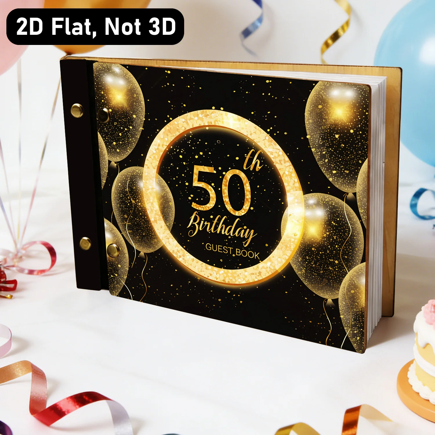 우아한 50번째 생일 나무 메시지북 & 방명록 - 꽃무늬 & 금색 풍선 생일 장식 ..