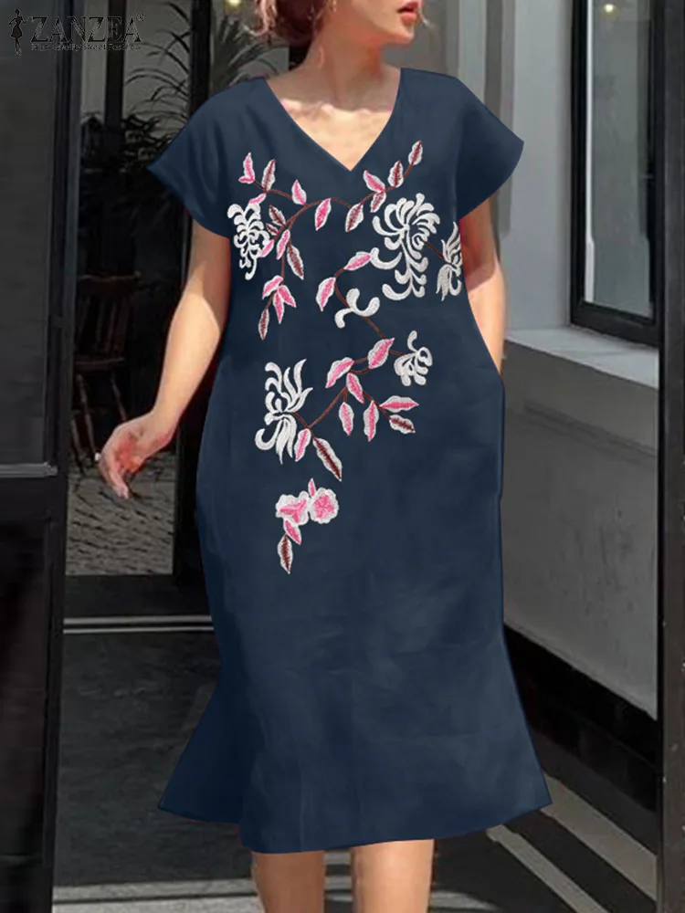 

Женское богемное платье с цветочным принтом ZANZEA, Элегантное летнее платье с V-образным вырезом и коротким рукавом, женское винтажное платье оверсайз