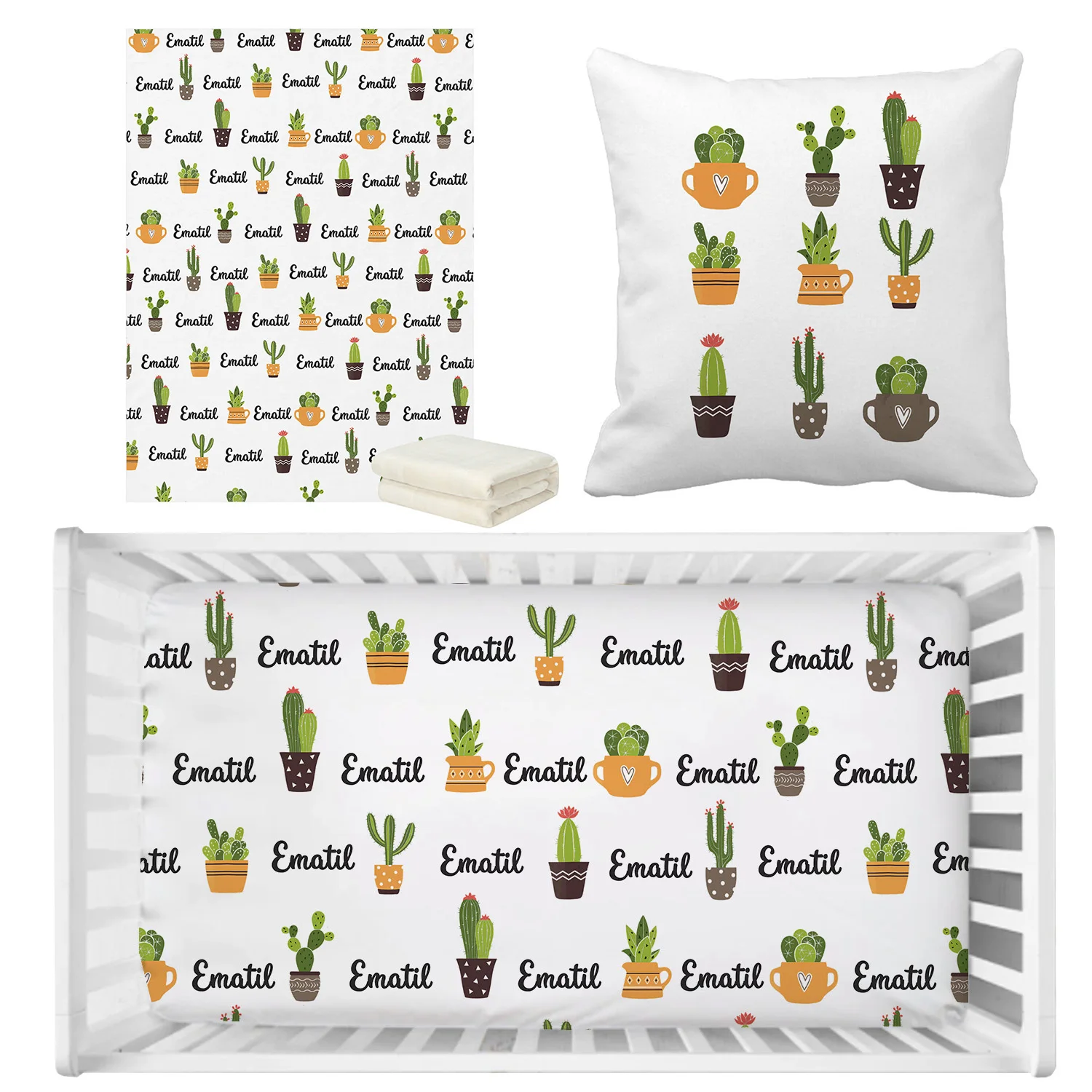 LVYZIHO Prickly Pear Cactus Crib Bedding Set, Custom Name Baby Bedding Set, Baby Shower Gift Bedding Set