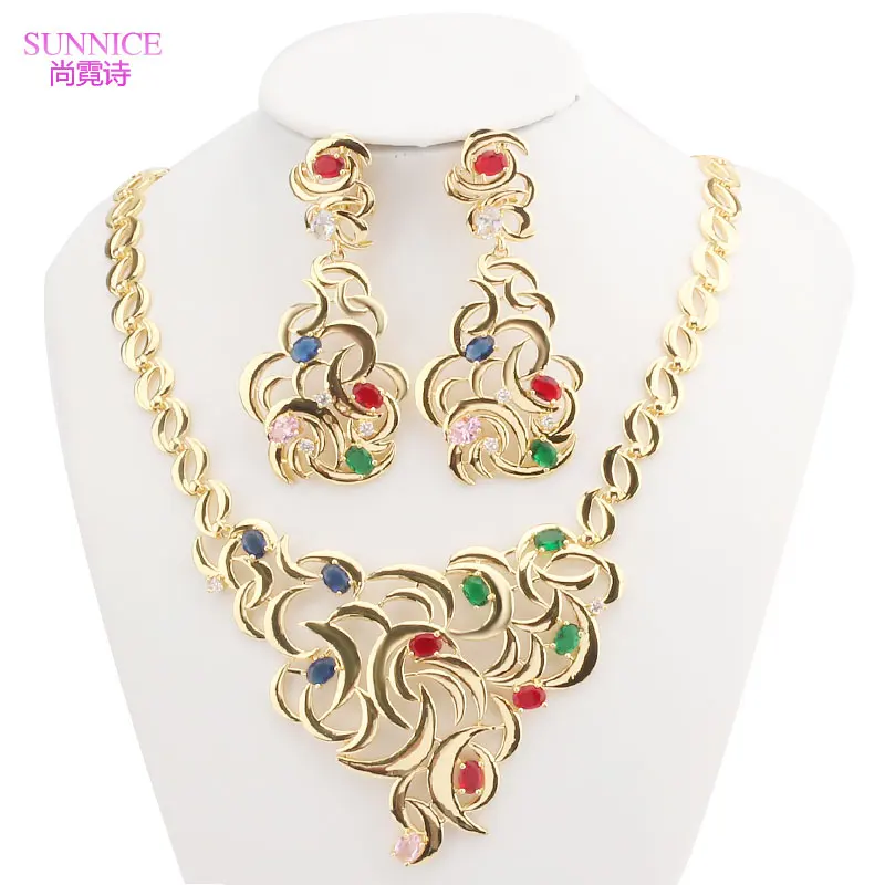 

18K Gold Jewelry Set for Women Dubai Necklace Earrings Multi Zirconia Bracelet And Ring Mother's Day Gift African Jewellery Sets