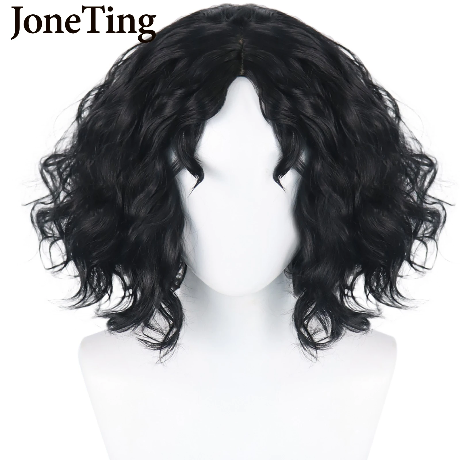 JT Synthetic Men's Short Wavy Wigs with Bangs Heat Resistant Fiber Black Curly Cosplay Wig for Women Full Machine Made