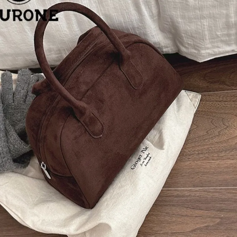 JIAERDI Vintage Brown Bowling Bag Women High Street Velvet Chic Casual Y2k Hand Bag Ladies Retro Harajuku Handbag Purse 2024