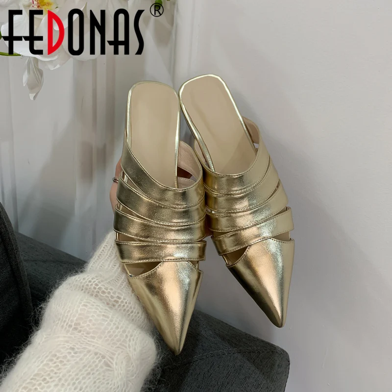 

FEDONAS Low Heels Women Sandals 2023 Summer Pointed Toe Slippers Genuine Leather Fashion Hollow Office Lady Party Shoes Woman
