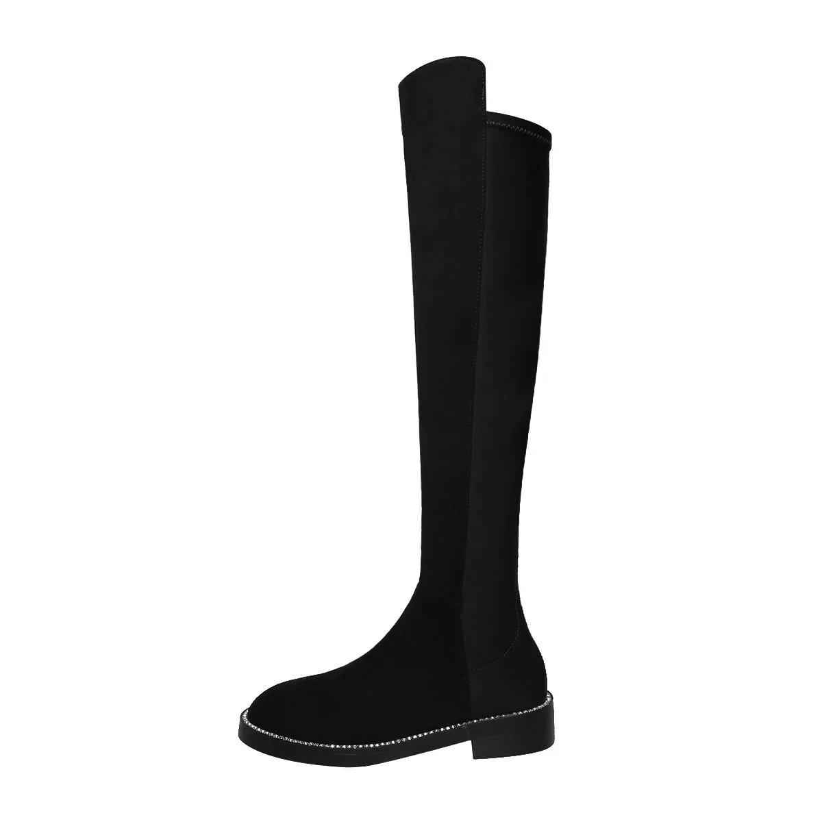 

Arden Furtado 2023 Autumn Woman's Thigh high boots Suede Round toe Crystal Slip-on Chunky Middle heel Elastic legs Modern boots