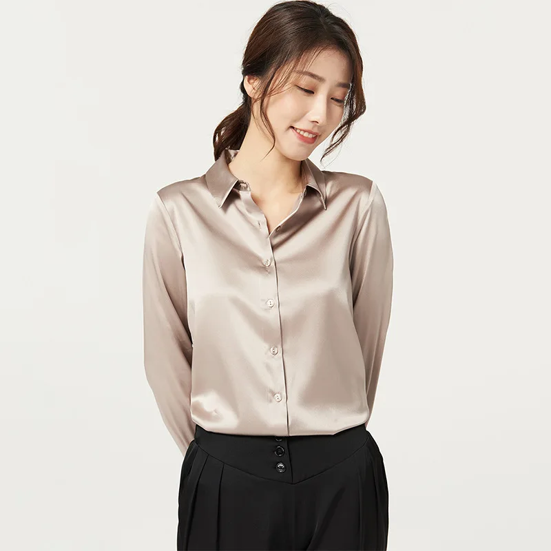 Women's Long-Sleeved Satin Silk Shirt Mulberry Silk Blouse 93% Natural + 7% Spandex women shirts