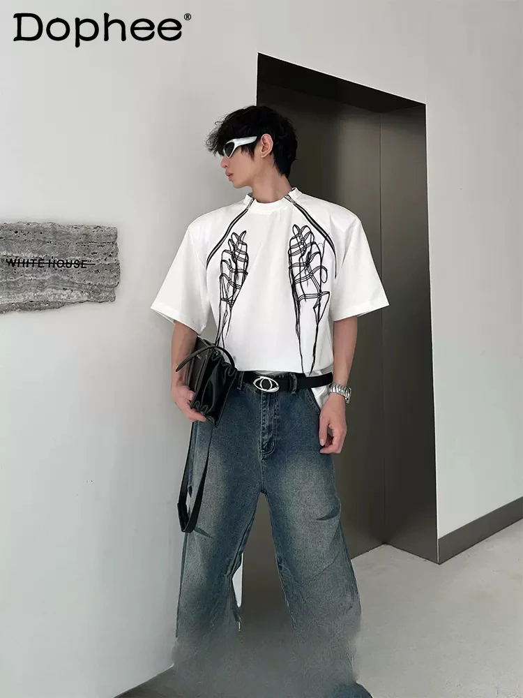 

Fashion Double Zipper Padded Shoulder Short-Sleeve T-shirts Contrast Color 2024 Summer New Male T-shirt Trendy Round Neck Top