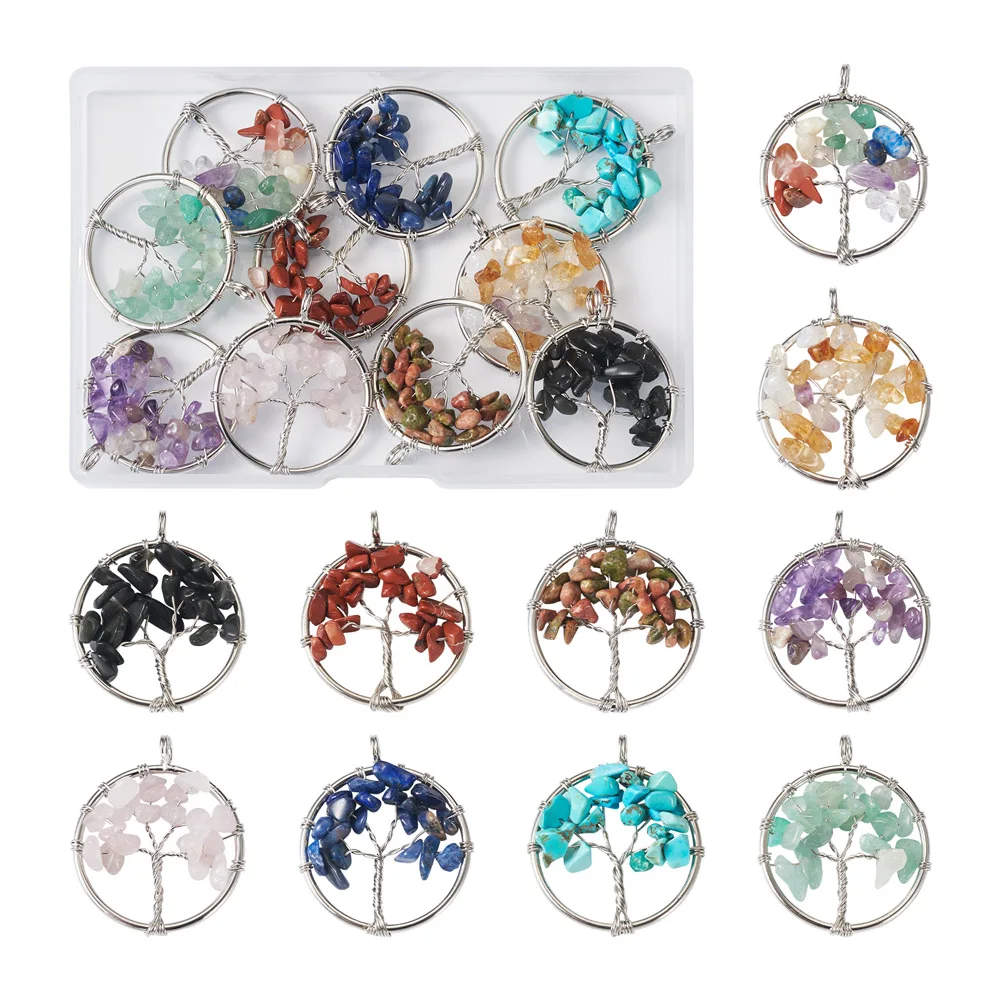 10pcs Natural & Synthetic Gemstone Chakra Crystal Tree Charms Mixed Color Necklace Earring Pendant DIY Jewelry Handcraft Making