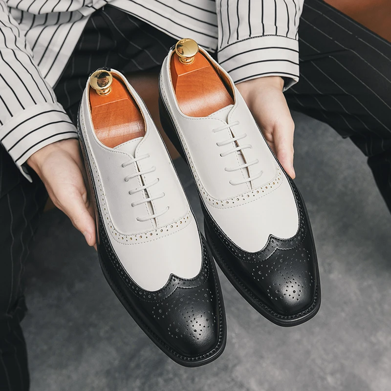 Men Wingtip Detail Dress Shoes Business Two Tone Oxford Shoes For Wedding party