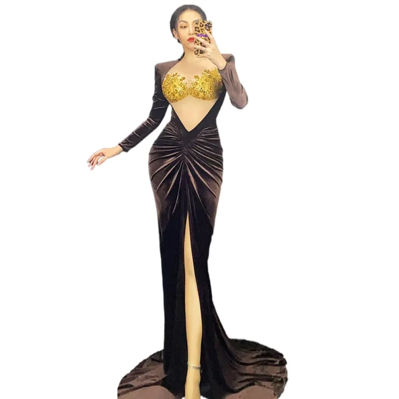 dj female singer cheongsam ds costume sexy collar dance dress cosplay geisha costume performance costume dj singer dress 2020 Vintage Black Velvet Crystal Trailing Dress Ladies Singer Stage Costume Sexy Evening Ball Gown Women Mermaid Wedding Party Dress