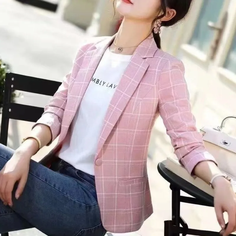 Spring and Autumn Women's Solid Color Suit Collar Pocket Button Plaid Slim Fit Long Sleeve Coat Fashion Elegant Casual Tops