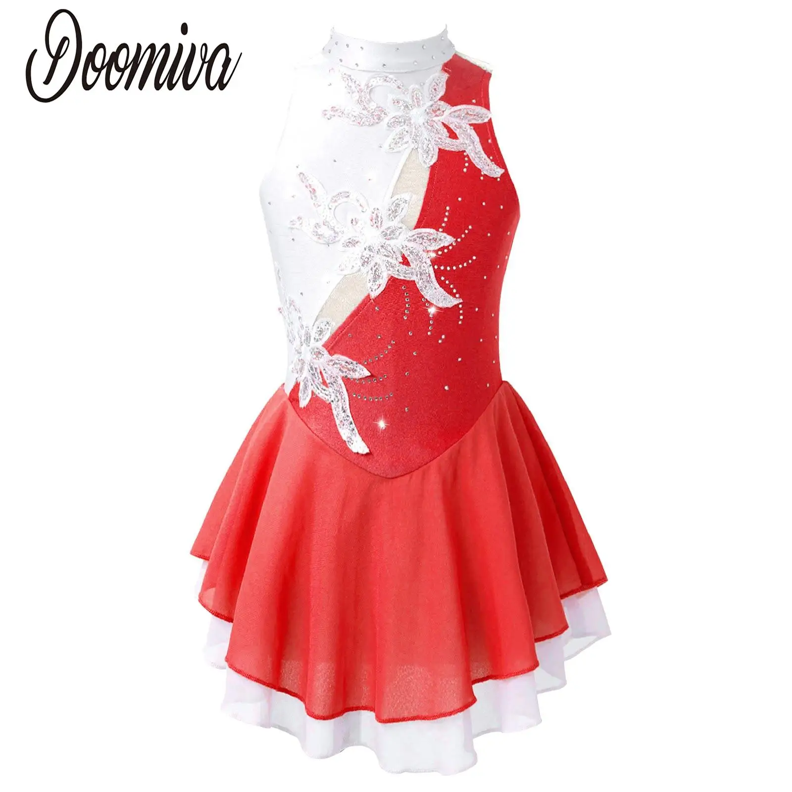 

Figure Ice Skating Gymnastics Dress Leotard Kids Girls Sequins Floral Ballet Tango Dance Competition Stage Performance Costumes