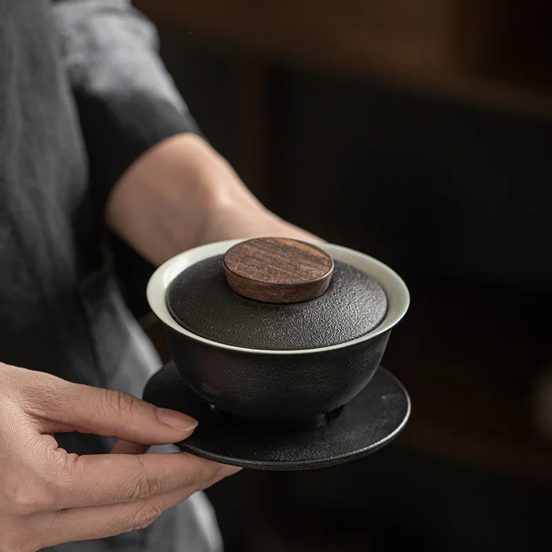 200ml Japanese Style Black Pottery Gaiwan Ceramic Tea Bowl Household Coarse Pottery Hand Grasp Bowl Kung Fu Tea Set Cup Gift