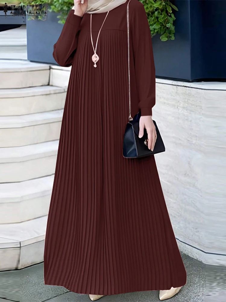 2025 ZANZEA musulman Abaya Hijab Robe femmes élégant à manches longues plissé Robe d'été mode décontracté islamique vêtements dubaï Maxi Robe