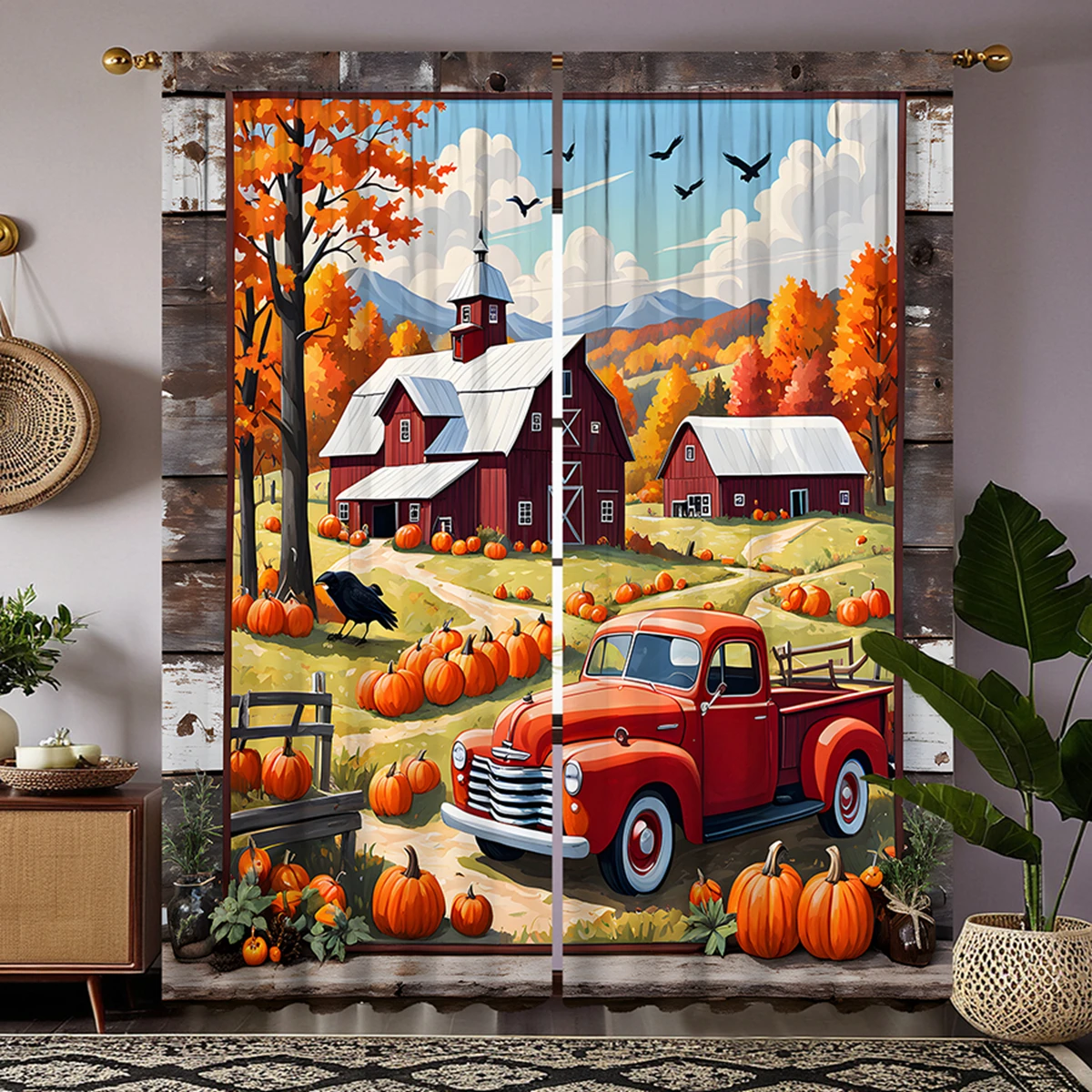 2pcs HD Harvest Festival Mountain hut Pumpkin bus decorative curtain Yellow tie digital printed curtain Home decoration style 2
