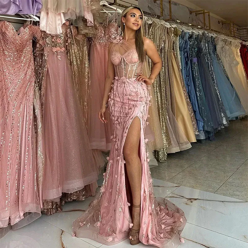

Pink 3D Flowers Mermaid Prom Dresses One Shoulder Sequined Lace Women Special Occasion Dress Sexy Thigh Split Evening Dress