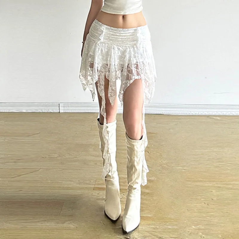 y2k Fairycore Skirt Women Clothing White Low Elastic Waist Irregular Ruffle Hem Skirt 2000s Party Skirts Streetwear