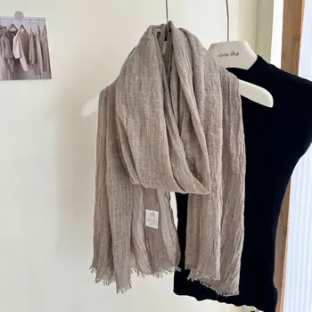 Sciarpa in cotone e lino con trama a pieghe in waffle da donna primavera e autunno sottile tinta unita in filato di cotone scialle lungo a doppio scopo invernale 1