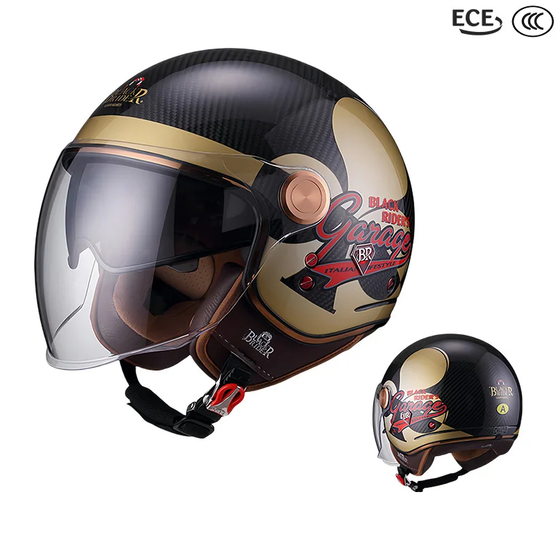 

Модные мужские и женские карбоновые шлемы BEON BLACK RIDER BR20 с двойными линзами, винтажные шлемы с открытым лицом в стиле ретро, скутер, мотоцикл