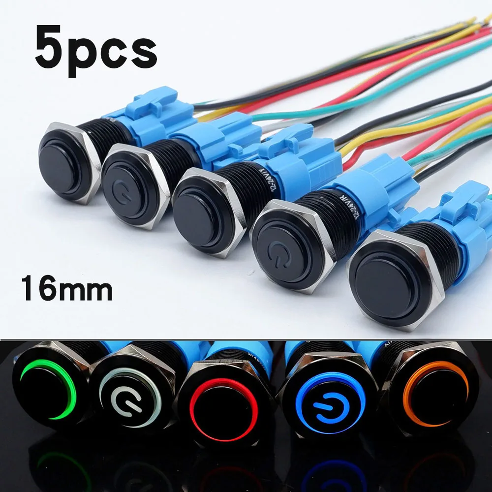 

5pcs16mm Black On Off Metal Button Switch High Head Car Power Start Stop With Led Waterproof Momentary Locking 5V 12V 24v 220V