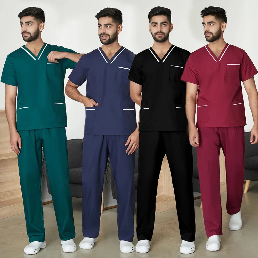 

Large size Men Surgical gown split set short sleeved V-neck nurse Scrub sets operating room Medical uniform dentist overalls