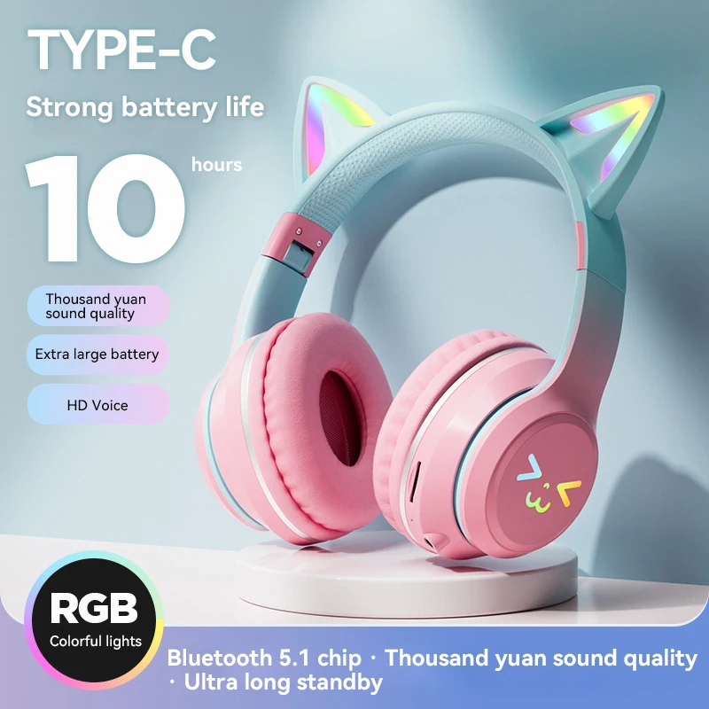 Gradient wireless Headphones RGB cute cat ear Bluetooth Earphones with microphone Stereo Music Game Earphone Girls Kids Gifts