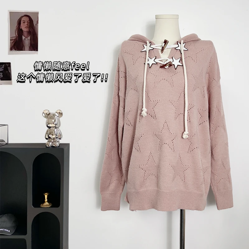 

Женский трикотажный свитер на завязках, Розовый Повседневный пуловер с капюшоном, осень 2023