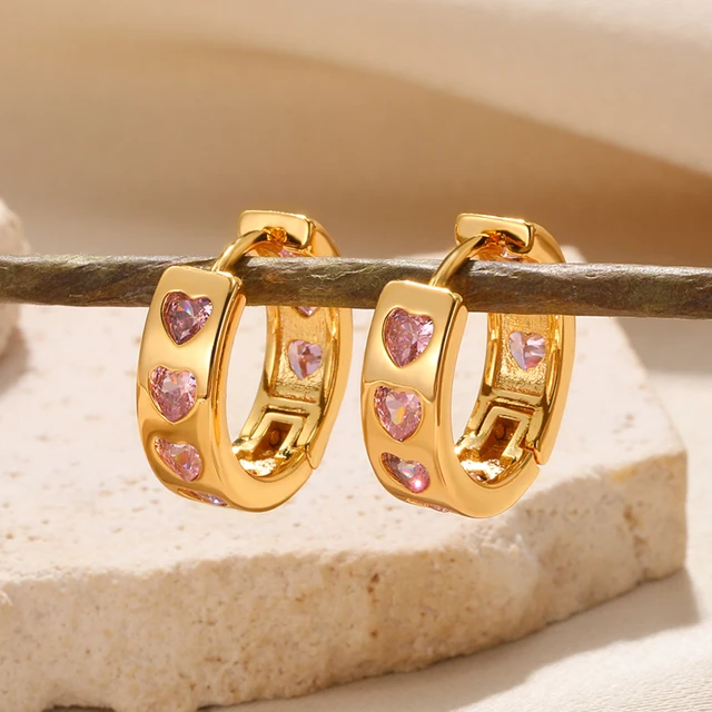 Zircon Pink Heart Hoop Earrings For Women Gold Color Stainless Steel  Earrings Korean Trendy Party Jewelry Accessories Wholesale - AliExpress