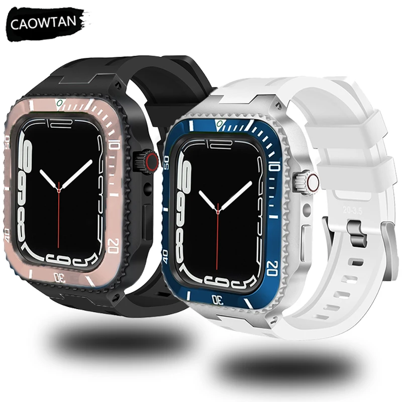 

Luxury Case+Band for Apple Watch 44mm 45mm Modification Kit Metal Bezel Frame Rubber Strap Mod Set IWatch Series 7 6 Se 5 4 3