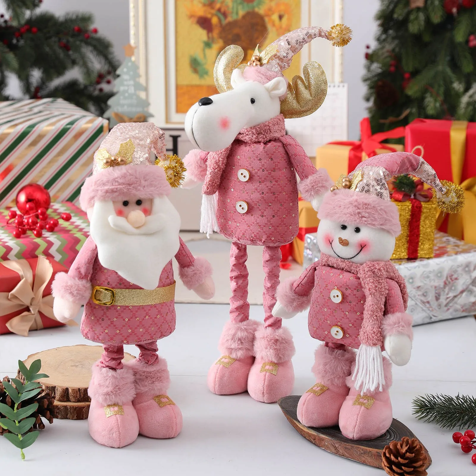 

New Pink Desk Table Ornaments Retractable Long Legs Snowman Santa Fawn Doll Girls Toys Christmas Gifts For Kids Xmas Home Decor
