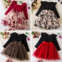 Autumn New Gorgeous Leopard Dot Butterfly Rose Flower Elegant Birthday  Party Dress for Girls Long Sleeve Luxury Casual Clothes