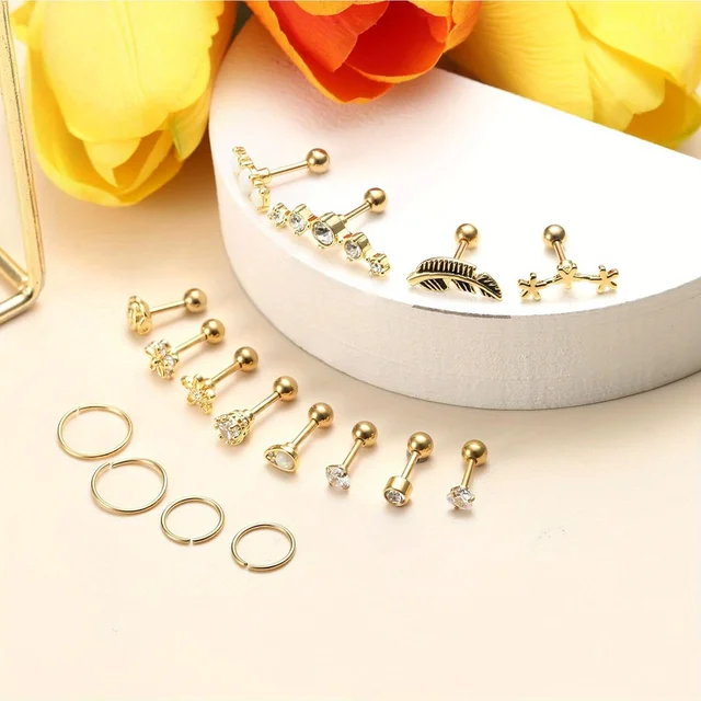 Drperfect Surgical Stainless Steel 16G Cartilage Earrings Studs Helix Couch Hoop Piercing Earrings Set Opal Shiny Earrings 5