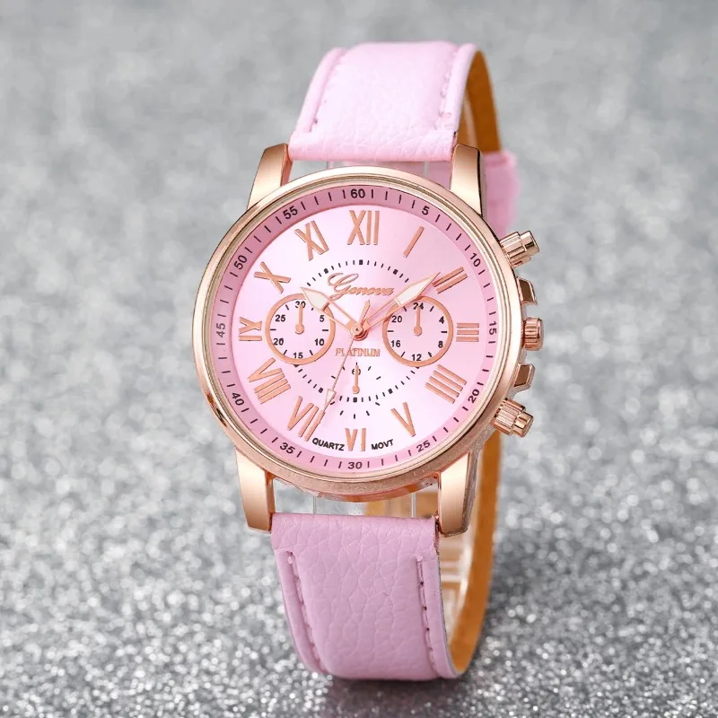 Elegant Rose Gold Fashion Watch for Women - Genuine Leather  Strap  Quartz  Analog  Wristwatch  with  Crystal  Markers