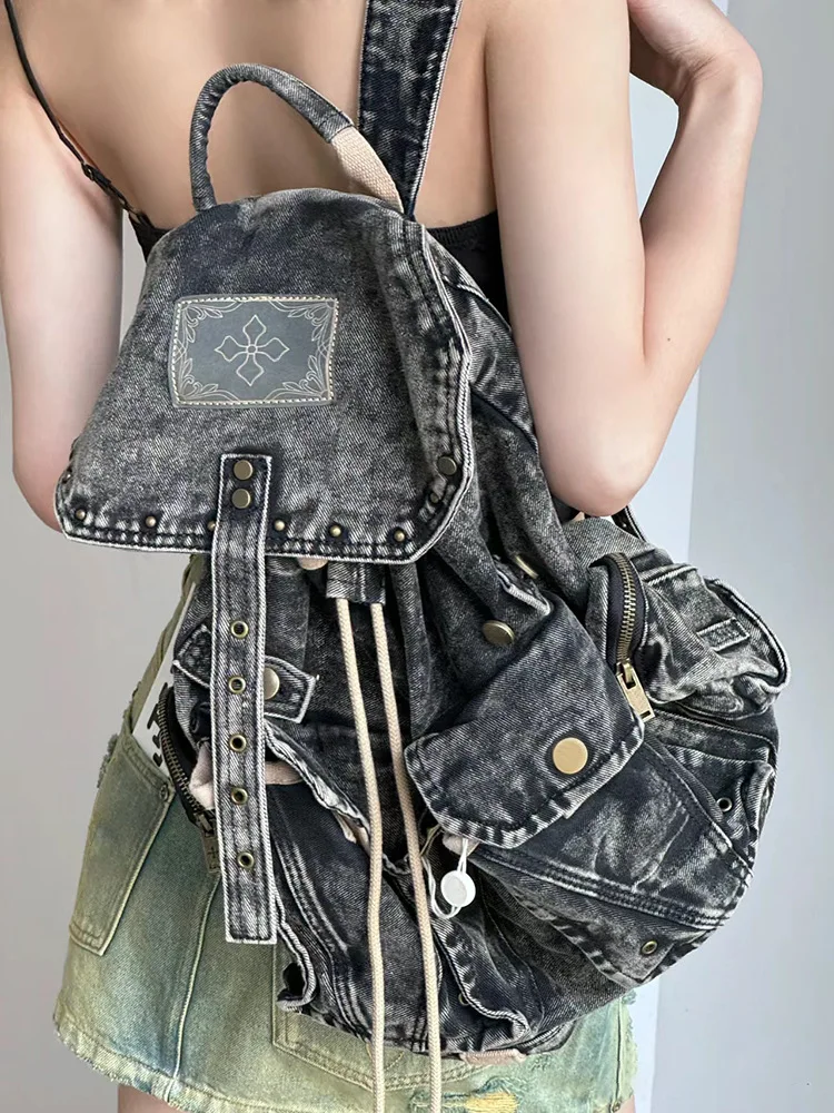 

FIRMRANCH Casual Versatile Workwear Style Washed Denim Personalized Y2K Spicy Girl Large Capacity Flip Backpack Chic Travel Bag