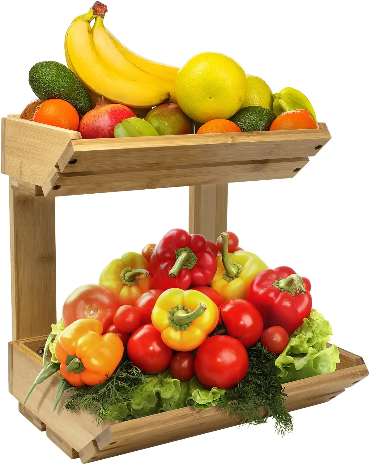 

Sorbus Bamboo Fruit Vegetable Basket Kitchen Counter Stand 2 Tier Rack, Home Storage Tiered Bowl Display Tray Holder for Bread,