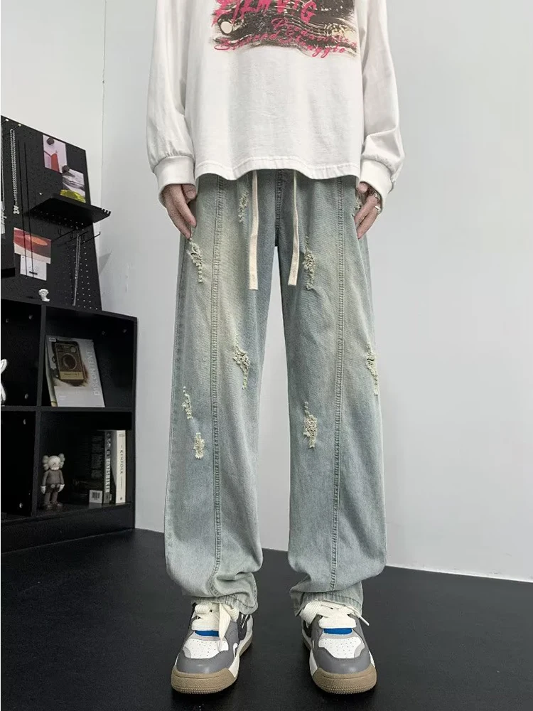 

YIHANKE Jeans Men's Summer American High Street VIBE Washing Polying Polying Brand Loose Straight Straight Casual Pants