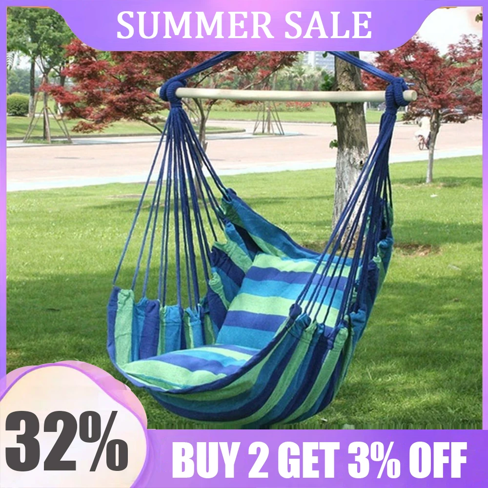 Portable Canvas Hammock Chair Swing Indoor Garden Sports Home Travel Leisure Hiking Camping Stripe Hammock Hanging Bed(no pillow