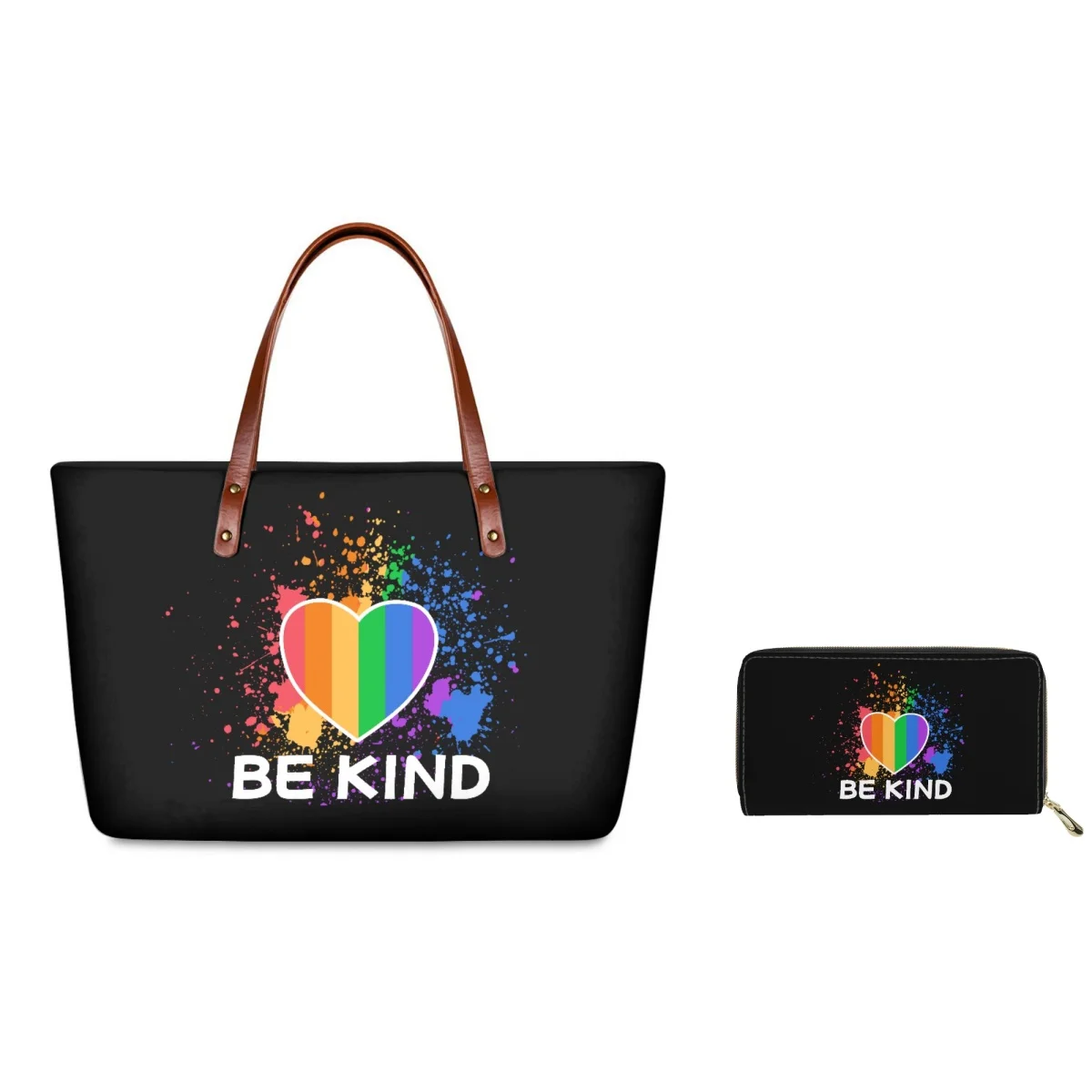 

ELVISWORDS Luxury Designer Handbag&Purse Set Gay Be Kind Print Shoulder Bags For Women Shopper Bag Customize Casual Tote Wallets