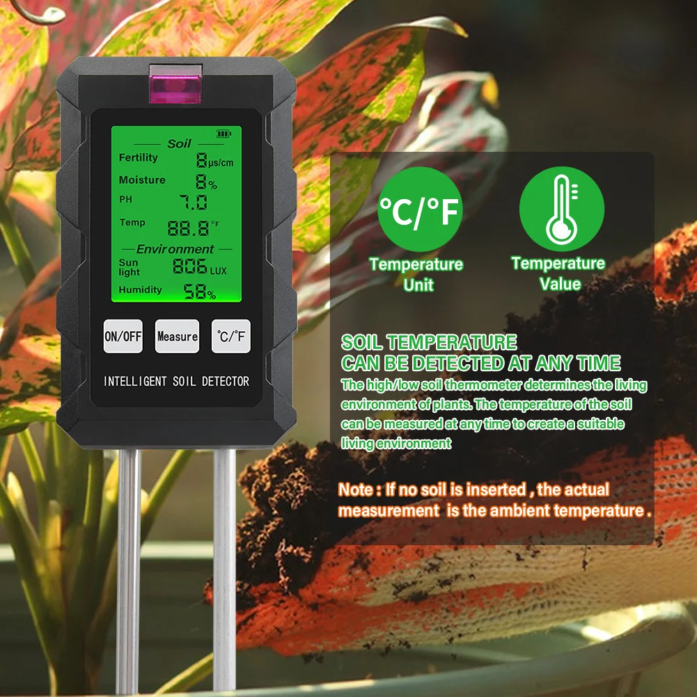 Soil Meter Digital pH Moisture Fertility Light Temp Humidity Analyzer for Garden