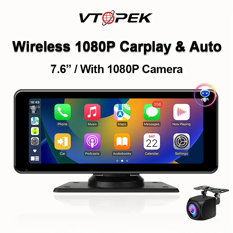 

Vtopek 7.6 Inch Wireless Carplay & Android Auto Car Display IPS 1080P Rearview Camera Portable Car Multimedia Head Unit USB AUX