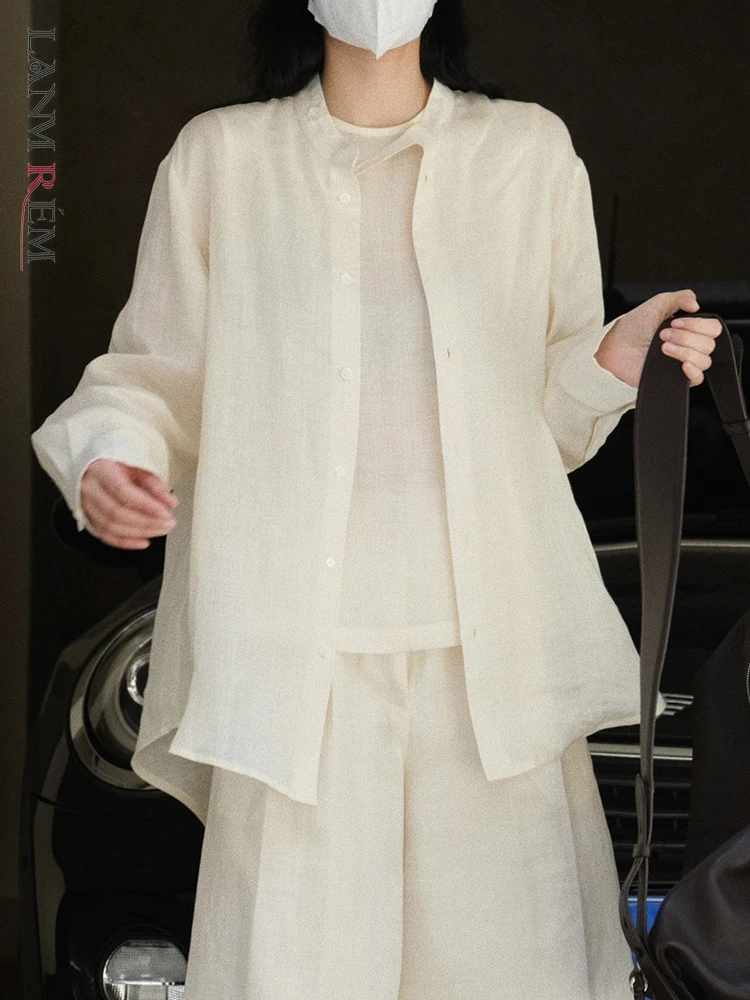 

Женская льняная рубашка [LANMREM], однотонная, с круглым вырезом, однобортная, с длинным рукавом, в Корейском стиле, Женский Топ, Новинка лета 2023, 26D3265