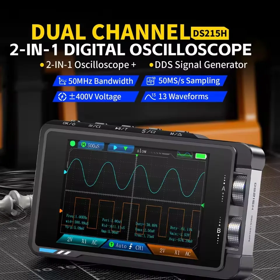Digital Oscilloscope Signal Generator FNIRSI DS215H Handheld Small Hd Screen Digital Oscilloscope + Signal Generator 2IN1 Dual Channel 50MHZ Automatic
