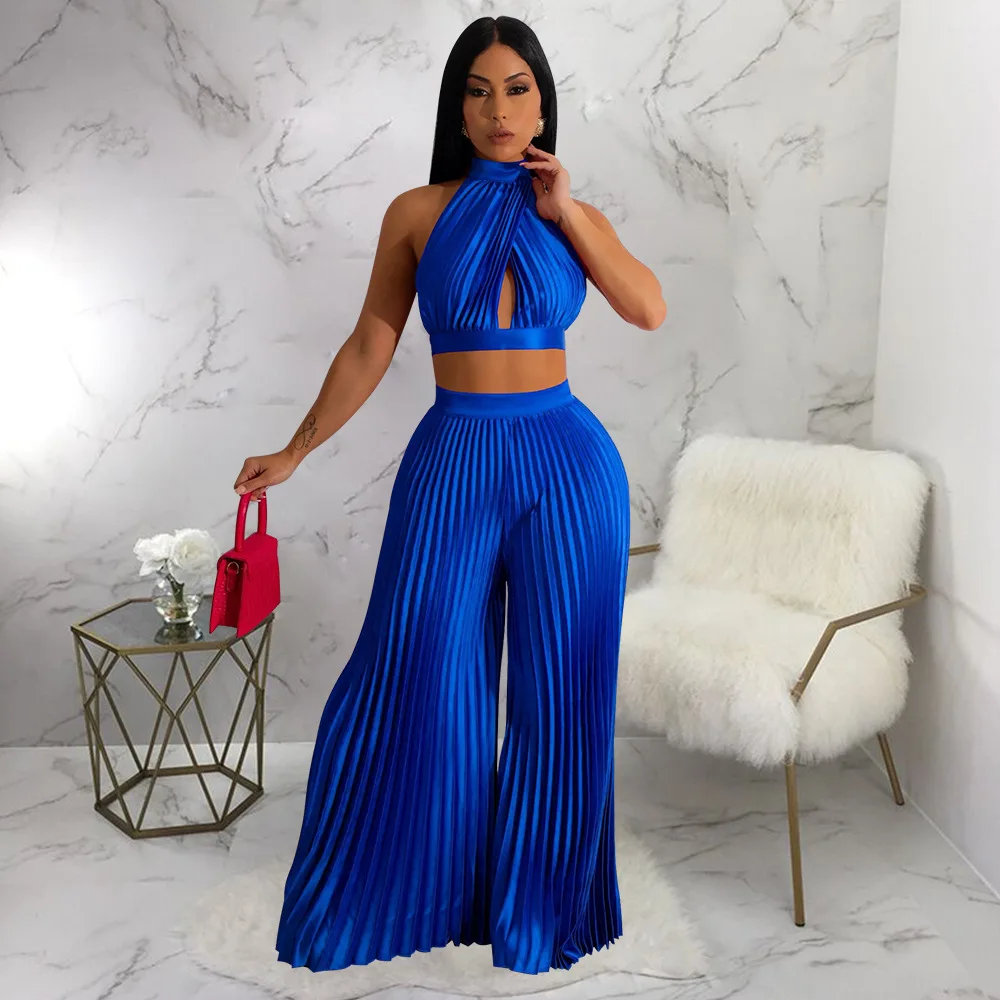 Elegant Satin Pleated Two Piece Set Sexy Lace Up Backless Halter Crop Top Wide Leg Pants 2 Pieces Set Party Banquet Outfits 2023